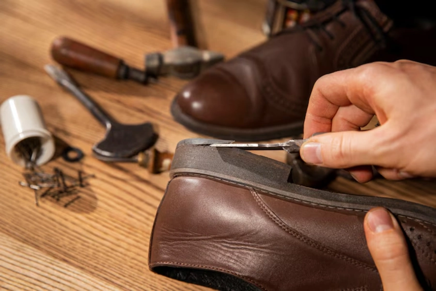 Craftsman repairing the sole of a brown leather dress shoe using traditional tools at a Downingtown, PA shoe repair shop.
